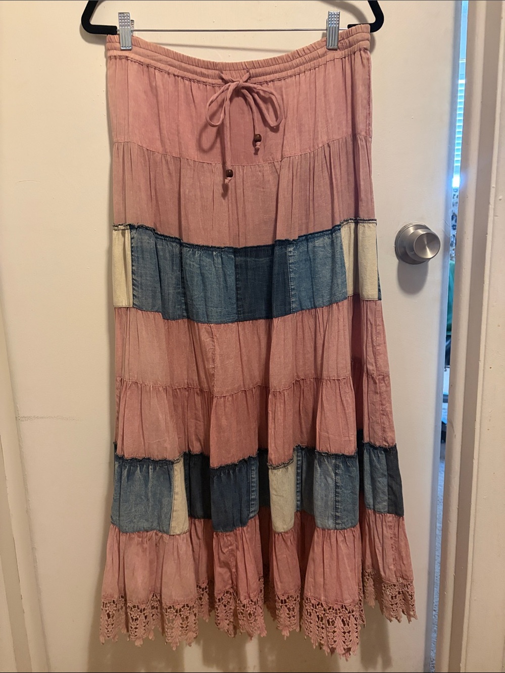 YOUNG THREADS Tiered Pink Patchwork Maxi Skirt with Crochet Hem Brand New Small